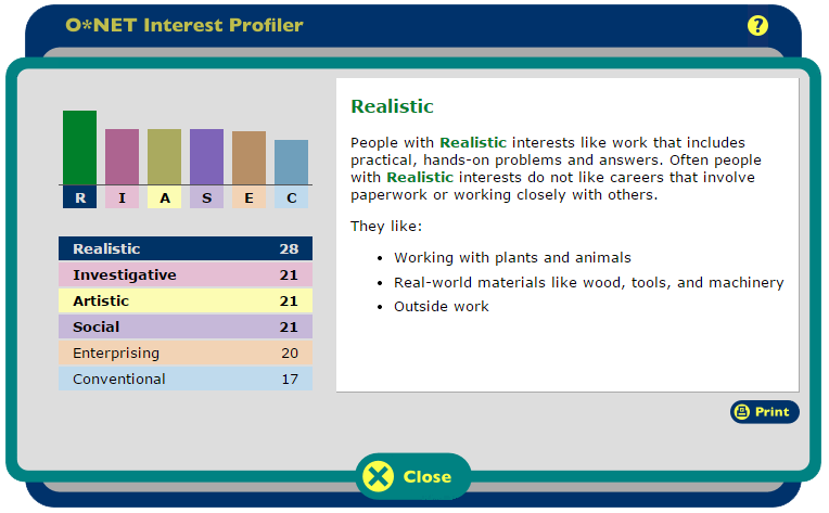 O*NET Interpest Profiler Six Categories Example